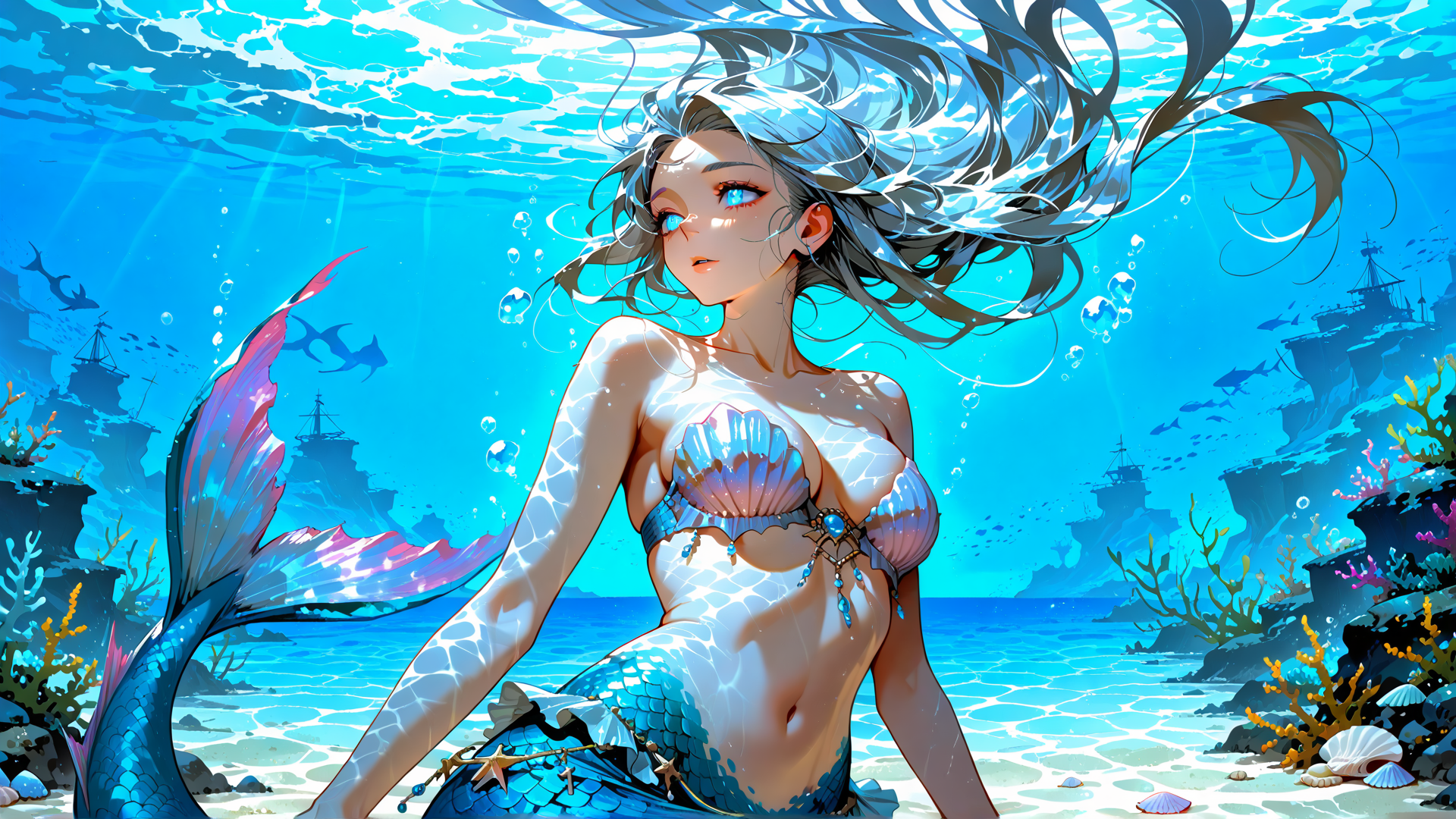 AI generated wallpaper featuring mermaid, fish, coral, shipwreck, seashell, sailboat, sea, waves, bubbles, sunlight