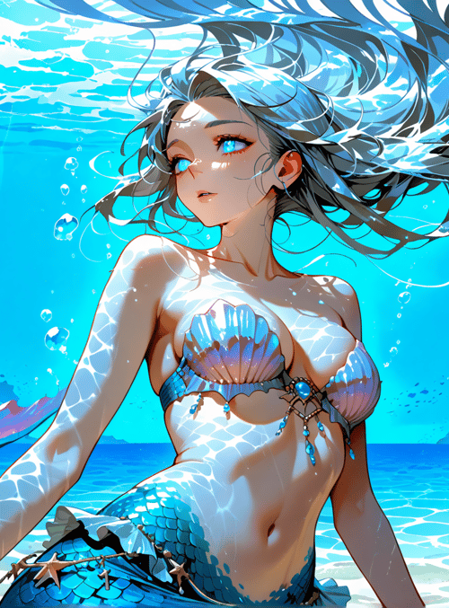 mermaid, fish, coral, shipwreck, seashell, sailboat, sea, waves, bubbles, sunlight