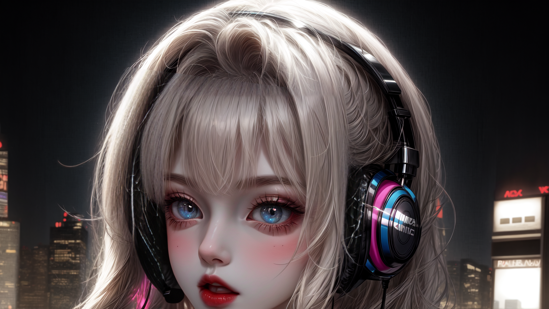 AI generated wallpaper featuring girl, headphones, city