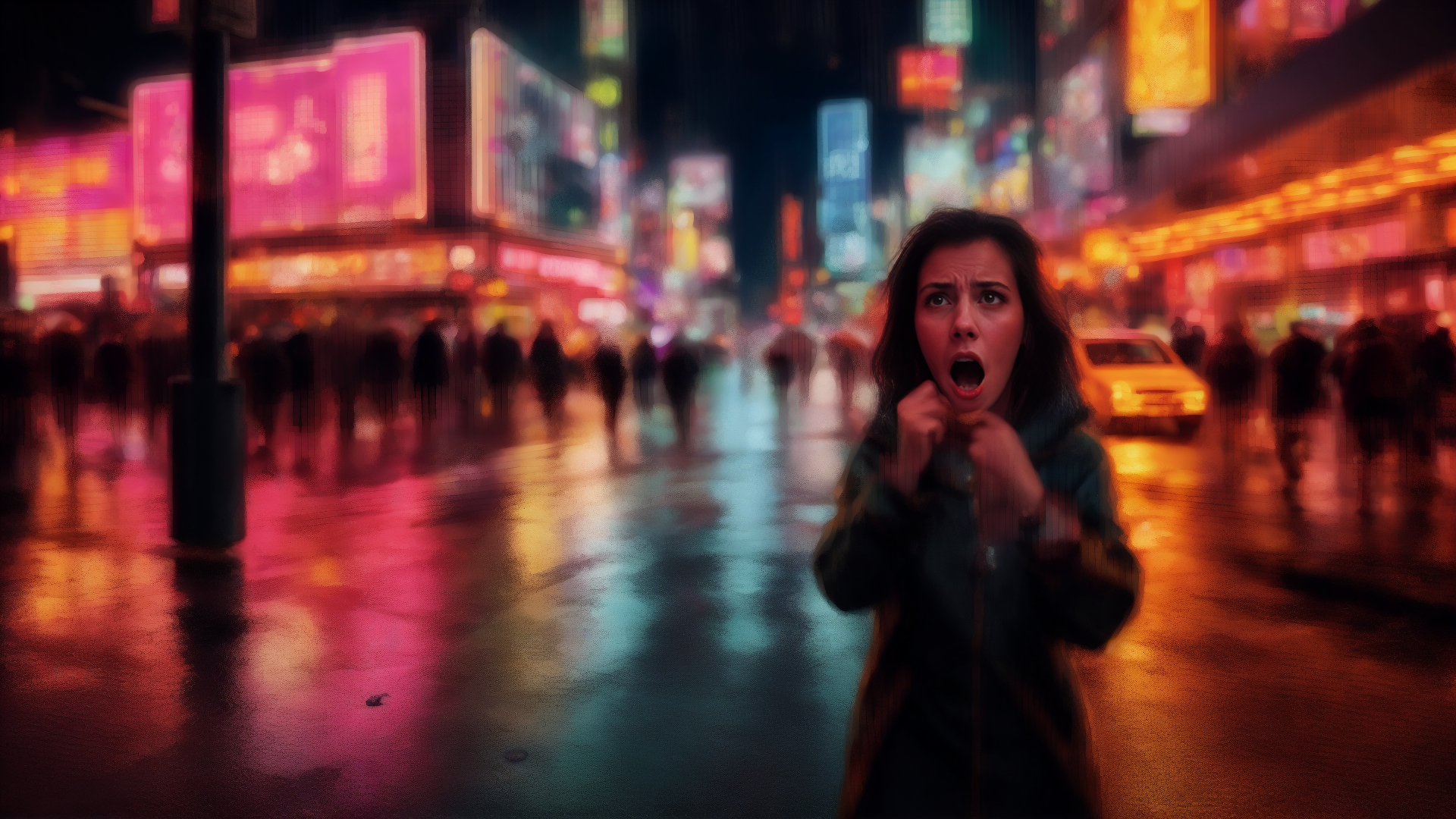 AI generated wallpaper featuring woman, city, street