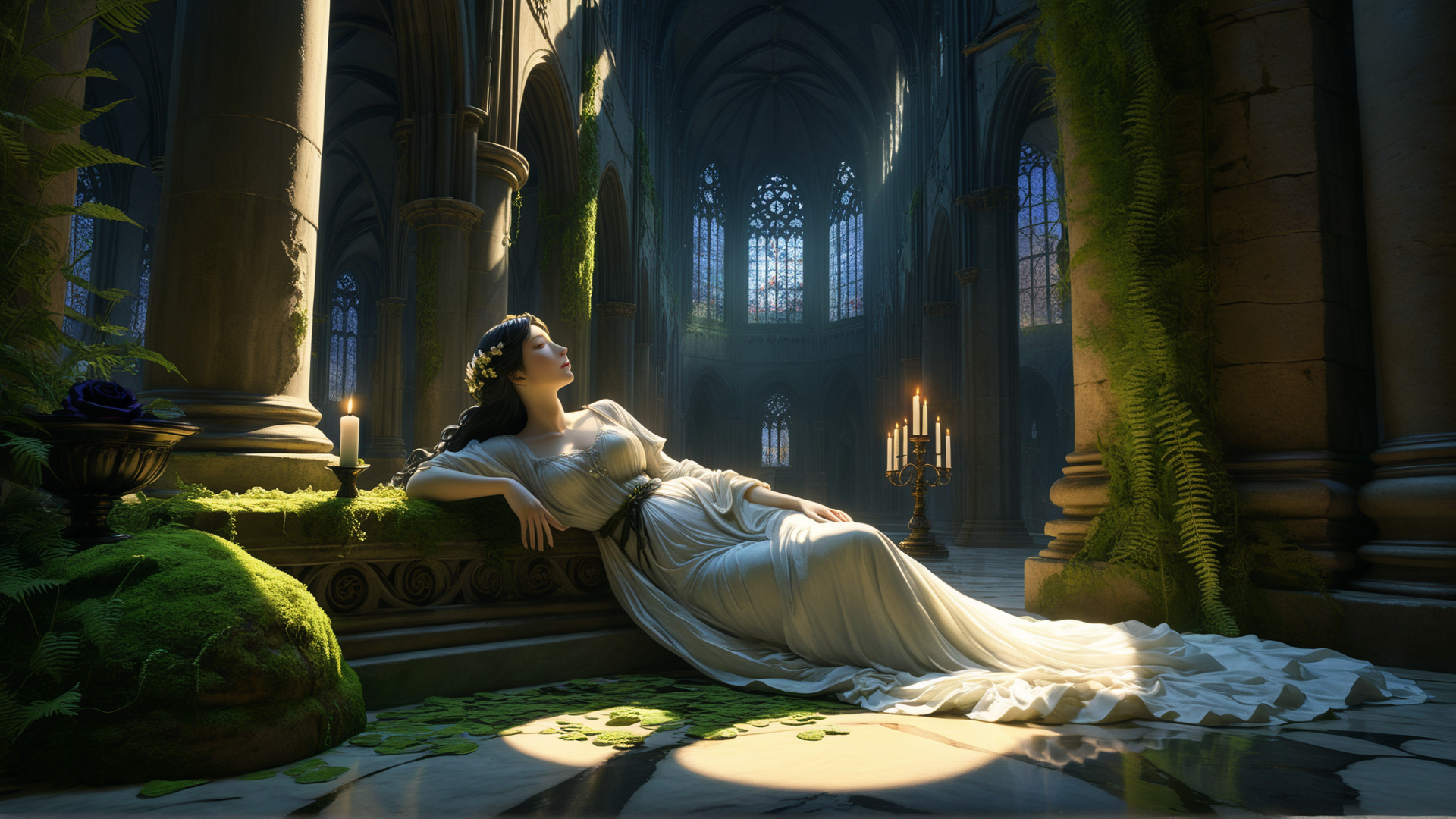 AI generated wallpaper featuring woman, cathedral, dress, candle, fern, column, stained glass, moss, rose, stone