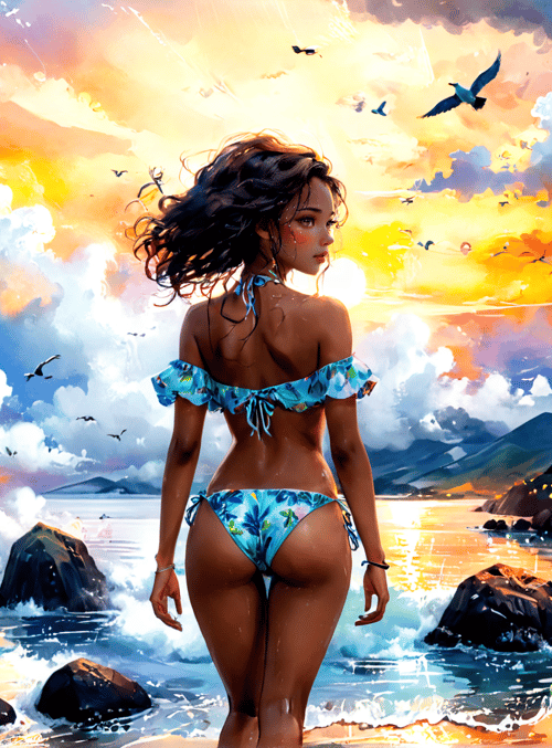woman, beach, sunset
