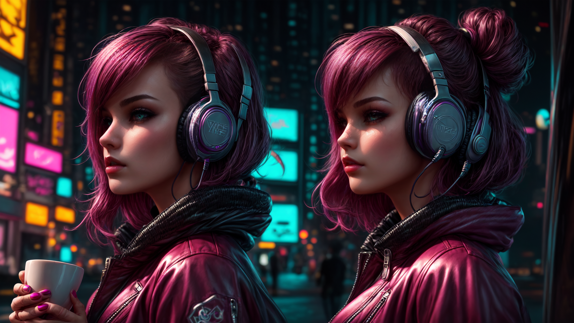 AI generated wallpaper featuring woman, headphones, cup