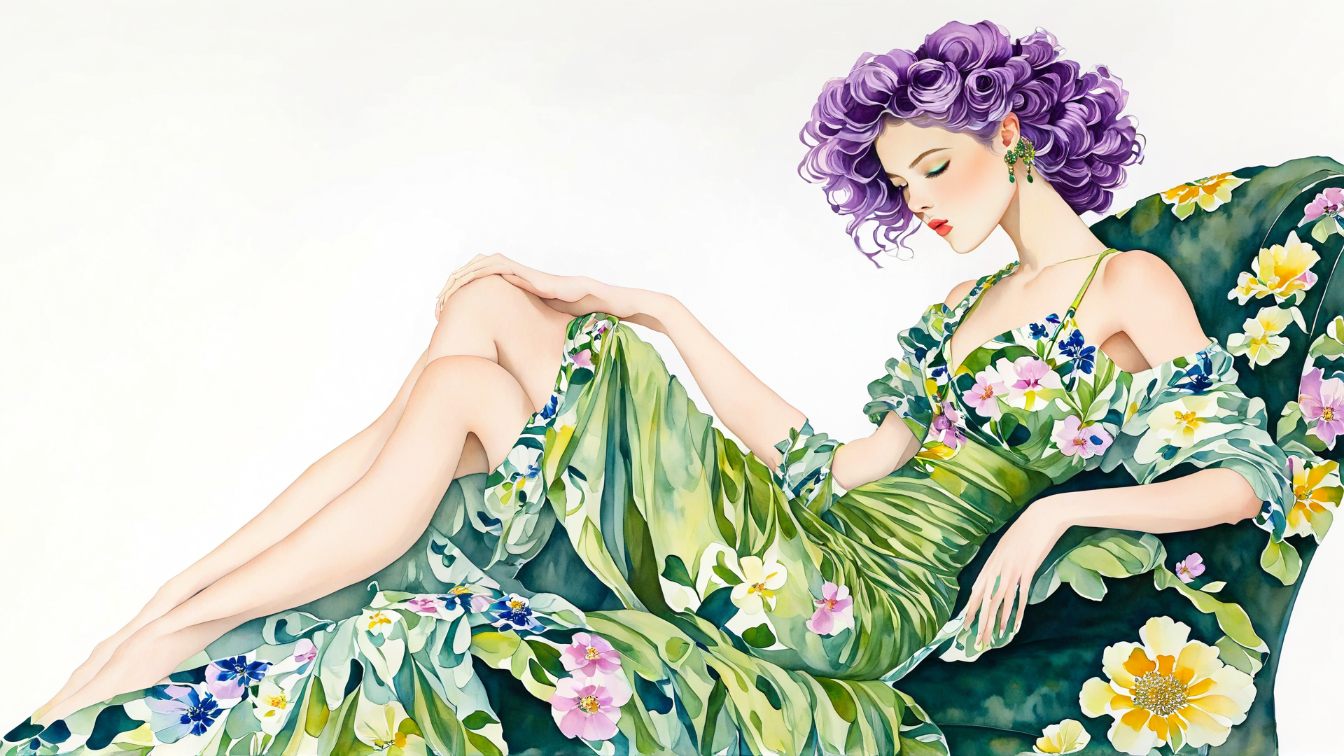 AI generated wallpaper featuring woman, dress, flowers, curly hair, chaise lounge