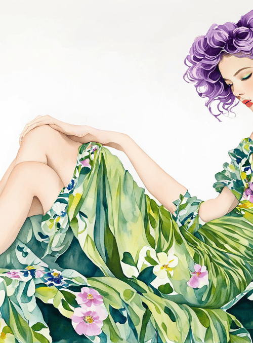 woman, dress, flowers, curly hair, chaise lounge