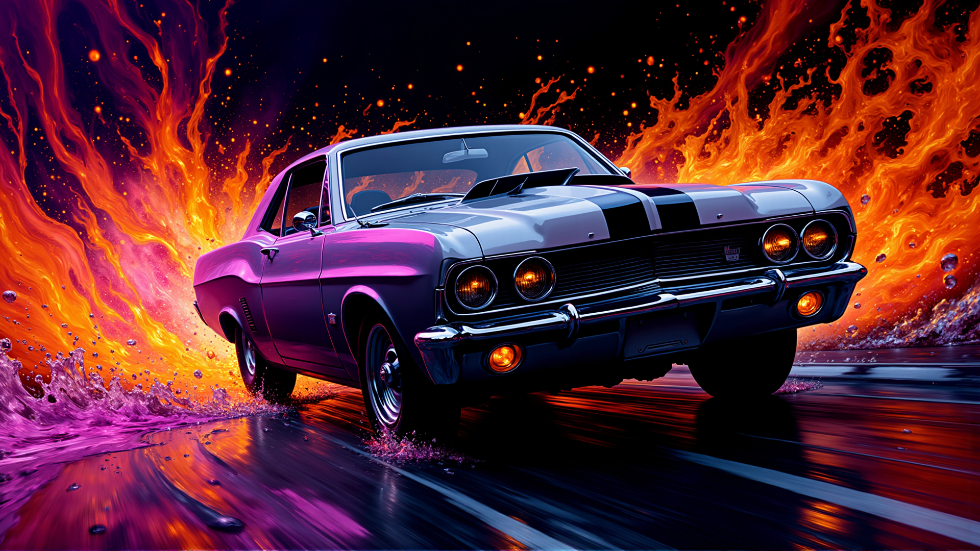 AI generated wallpaper featuring car, fire, road, splash, flame