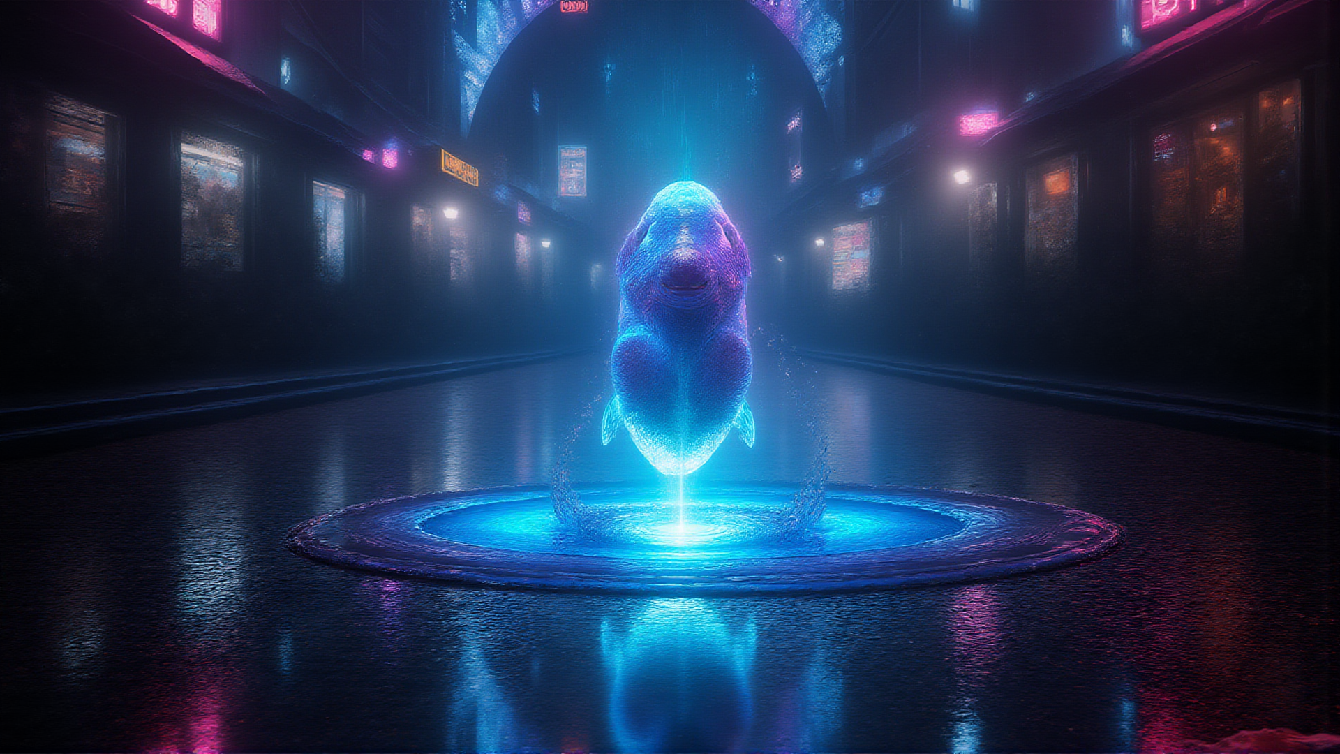 AI generated wallpaper featuring dolphin, neon, fountain, cityscape, digital, glow, cyberpunk, reflection, portal, light