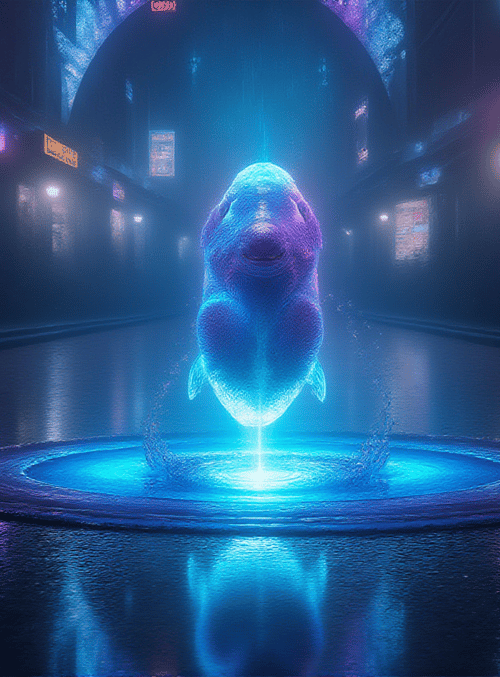 dolphin, neon, fountain, cityscape, digital, glow, cyberpunk, reflection, portal, light