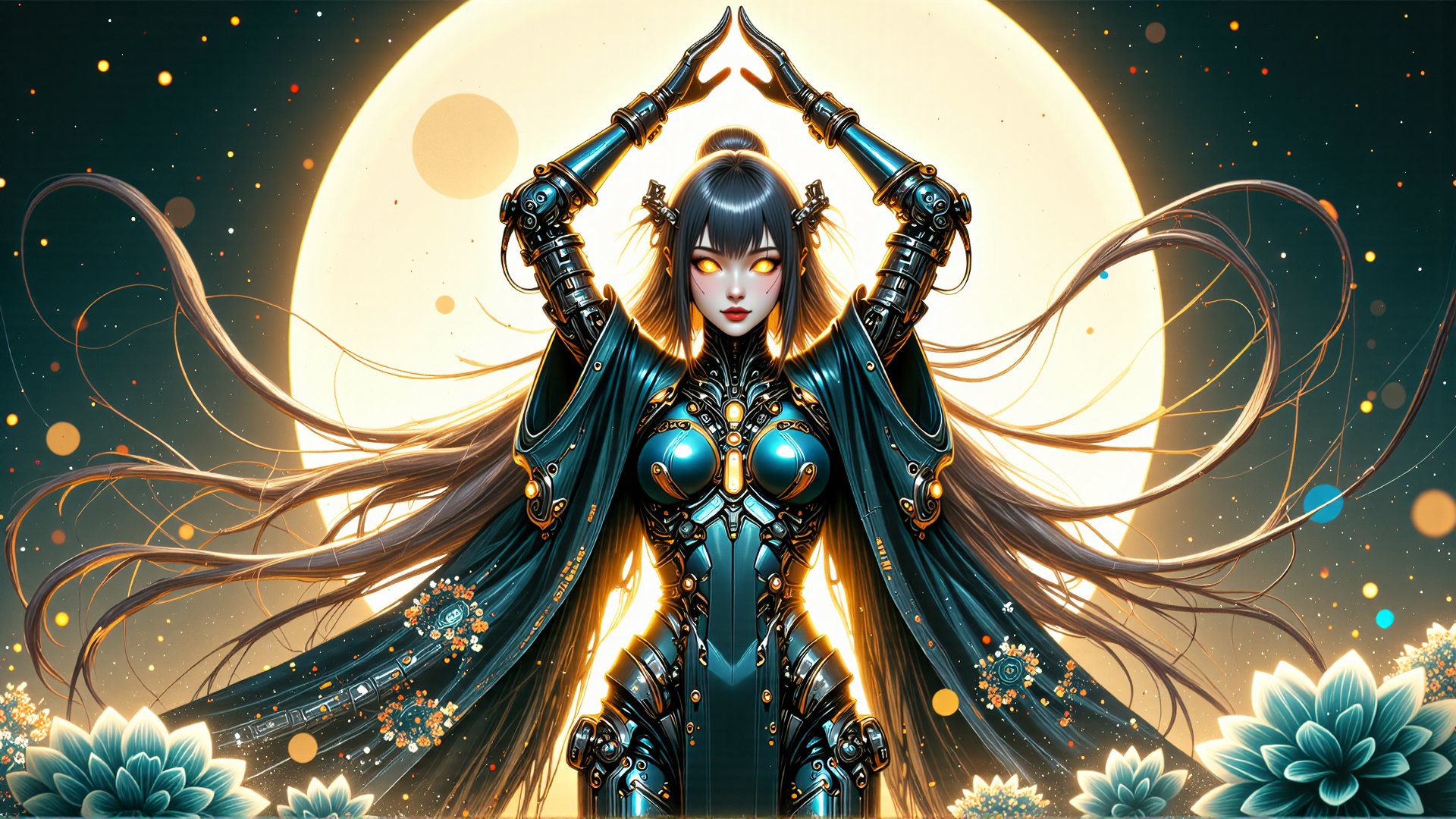 AI generated wallpaper featuring cybernetic, woman, robot, armor, long hair, cap, flowers, moon, hands, gloves