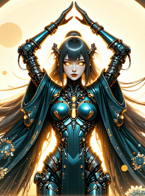 cybernetic, woman, robot, armor, long hair, cap, flowers, moon, hands, gloves