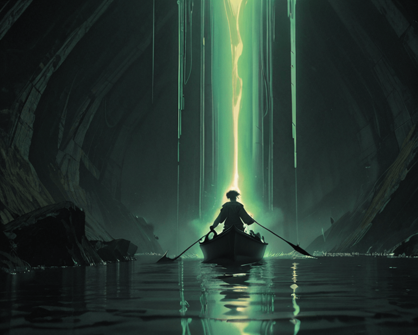 AI generated wallpaper featuring person, boat, cave