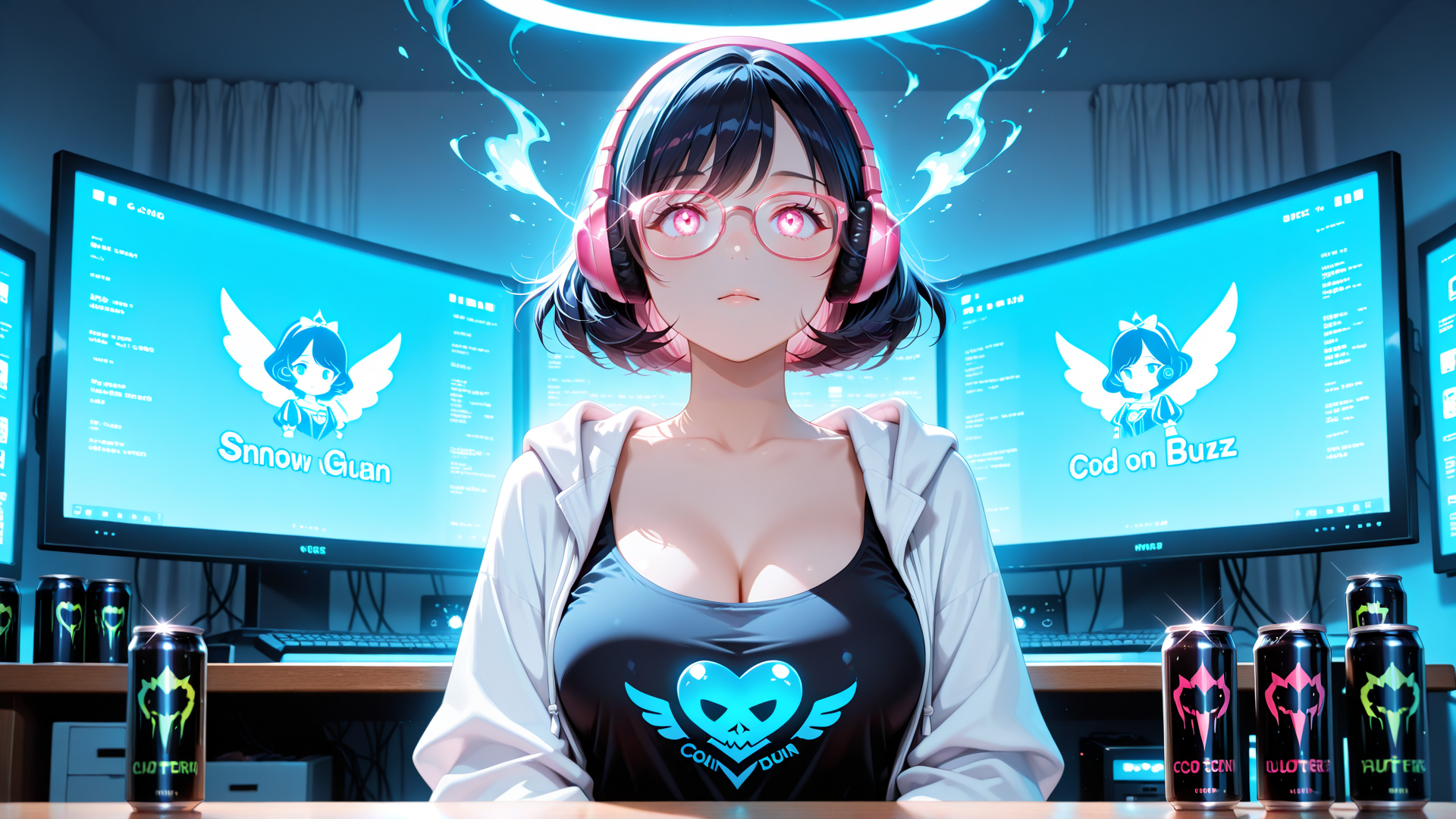 AI generated wallpaper featuring girl, headphones, computer, monitor, can, glasses, screen, logo, desk, angel