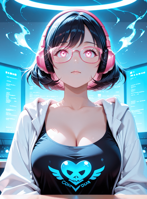 girl, headphones, computer, monitor, can, glasses, screen, logo, desk, angel