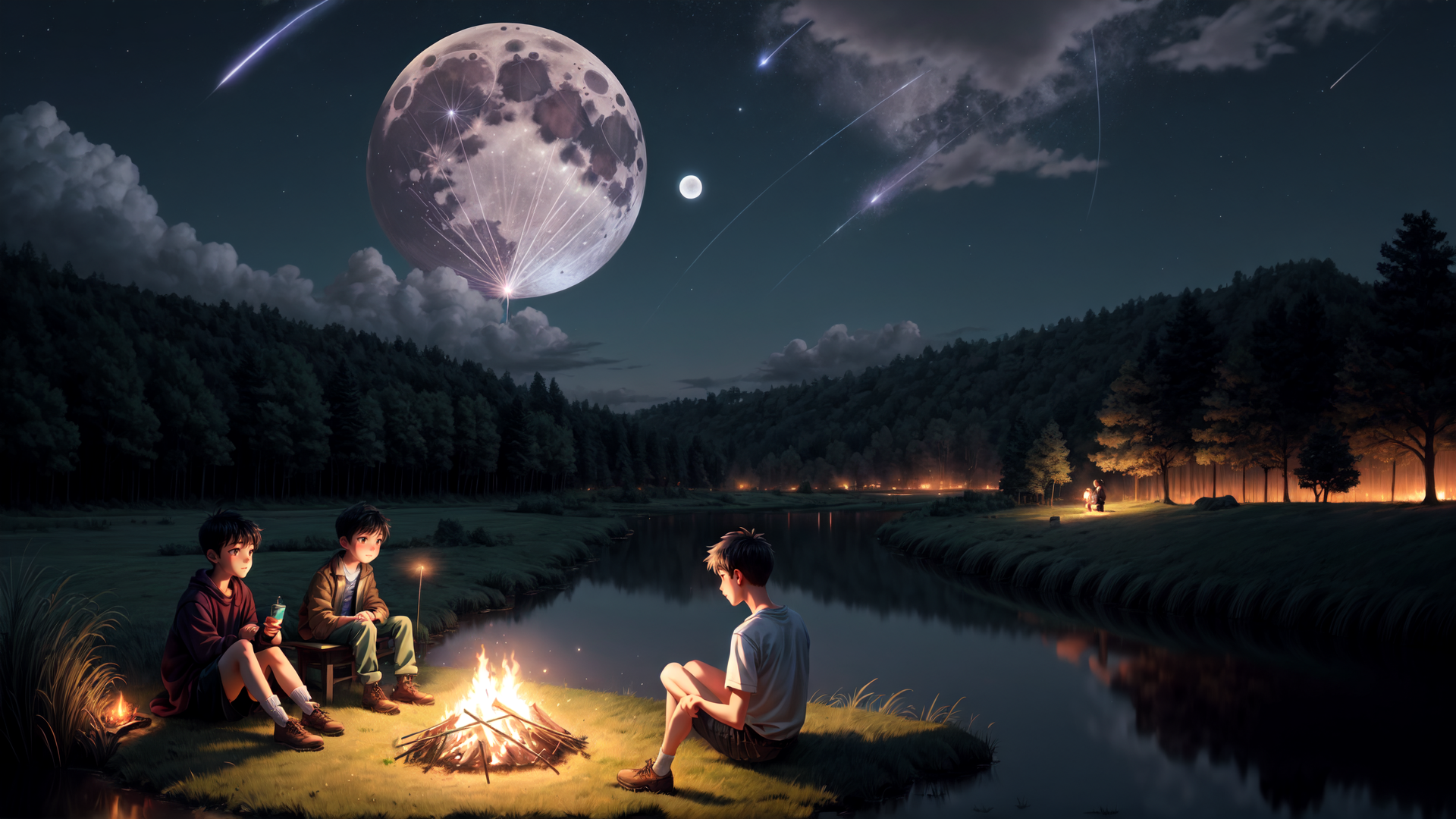 AI generated wallpaper featuring boys, campfire, lake, moon, stars, trees, fire, grass, sky, forest