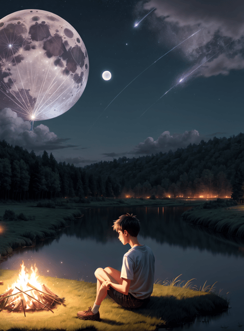 boys, campfire, lake, moon, stars, trees, fire, grass, sky, forest