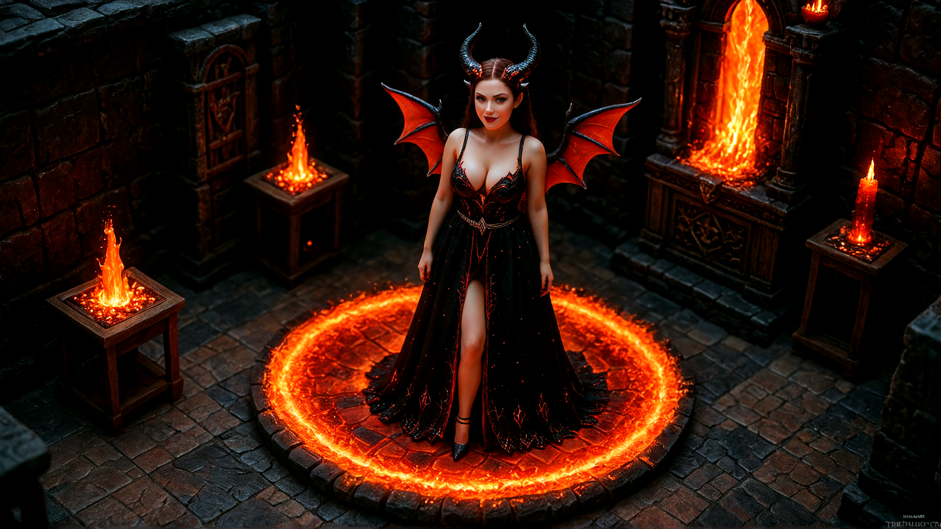 AI generated wallpaper featuring devil, woman, fire, wings, horn, dress, castle, candle, stone, circle