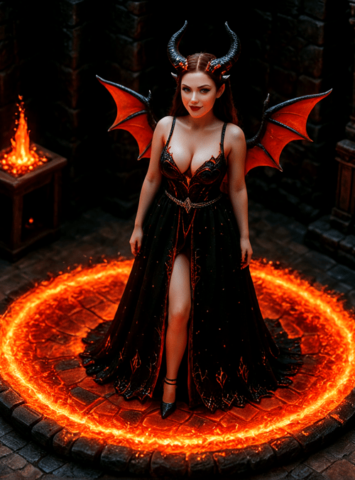 devil, woman, fire, wings, horn, dress, castle, candle, stone, circle