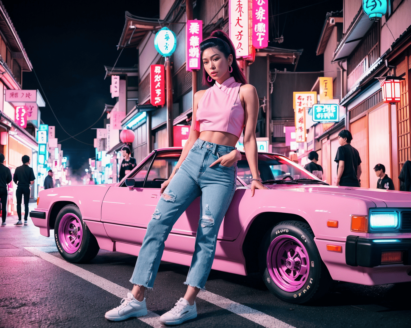 AI generated wallpaper featuring woman, car