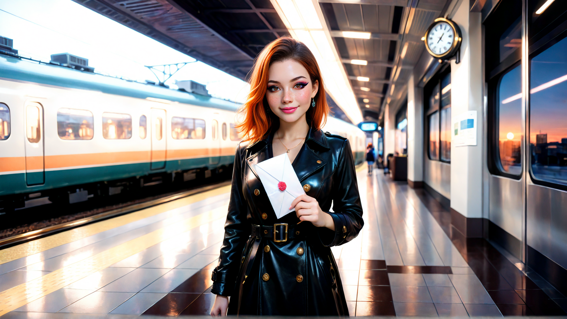 AI generated wallpaper featuring woman, train, envelope