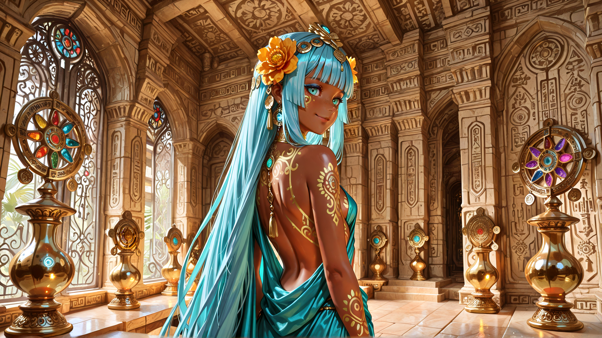 AI generated wallpaper featuring woman, ancient, goddess, blue hair, ornate, temple, statue, golden, surreal, art