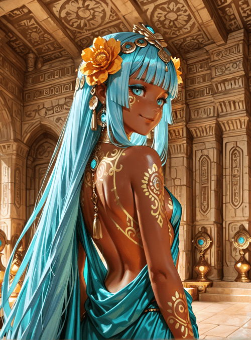 woman, ancient, goddess, blue hair, ornate, temple, statue, golden, surreal, art