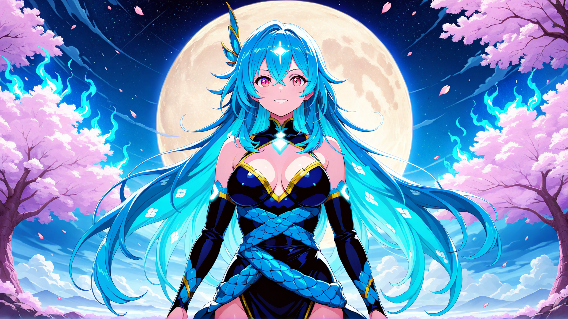 AI generated wallpaper featuring anime girl, cherry blossoms, full moon, blue hair, dragon, scales