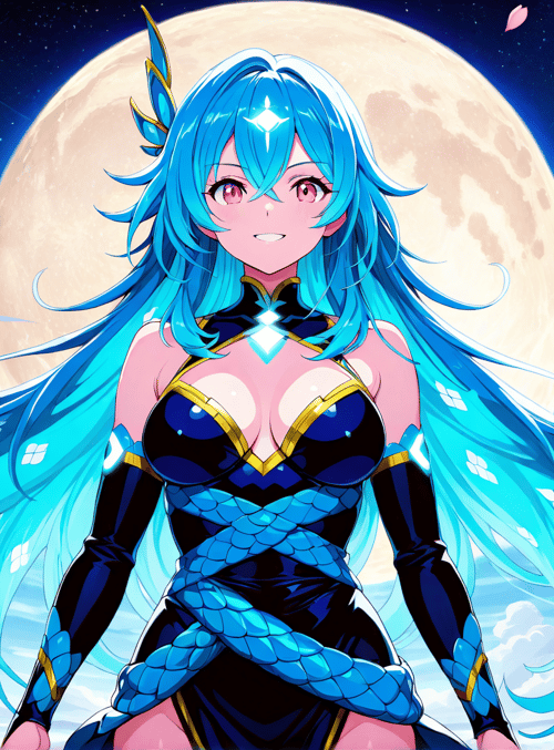 anime girl, cherry blossoms, full moon, blue hair, dragon, scales