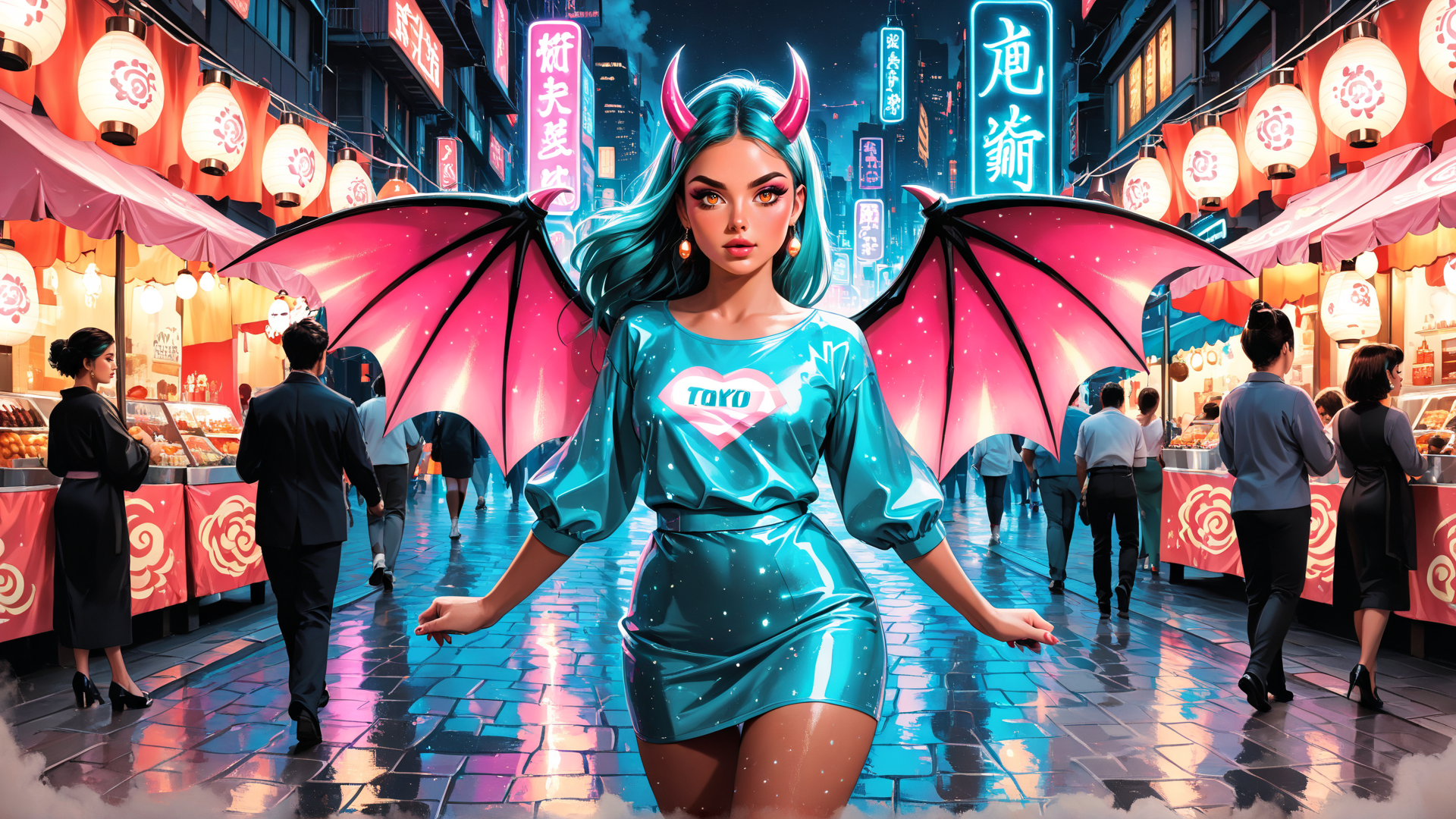 AI generated wallpaper featuring woman, dragon wings, horn, lantern, street market, neon sign, toyo shirt, silk dress, chinese street, cityscape