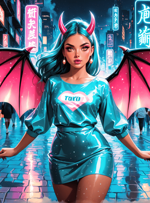 woman, dragon wings, horn, lantern, street market, neon sign, toyo shirt, silk dress, chinese street, cityscape