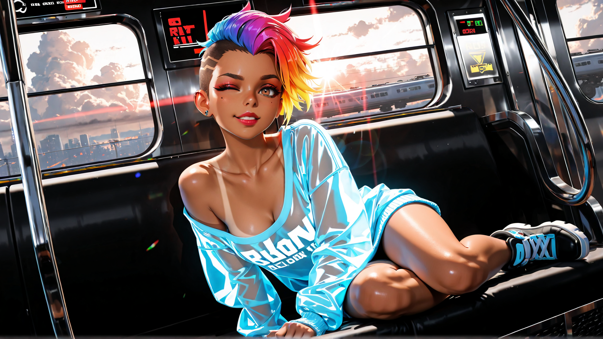 AI generated wallpaper featuring person, bus, city, sunset, shoes, hair, sweater, train, sky, sunglasses