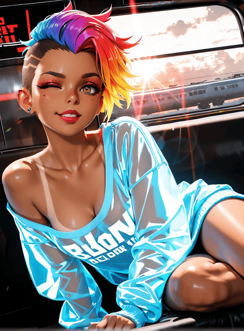 person, bus, city, sunset, shoes, hair, sweater, train, sky, sunglasses