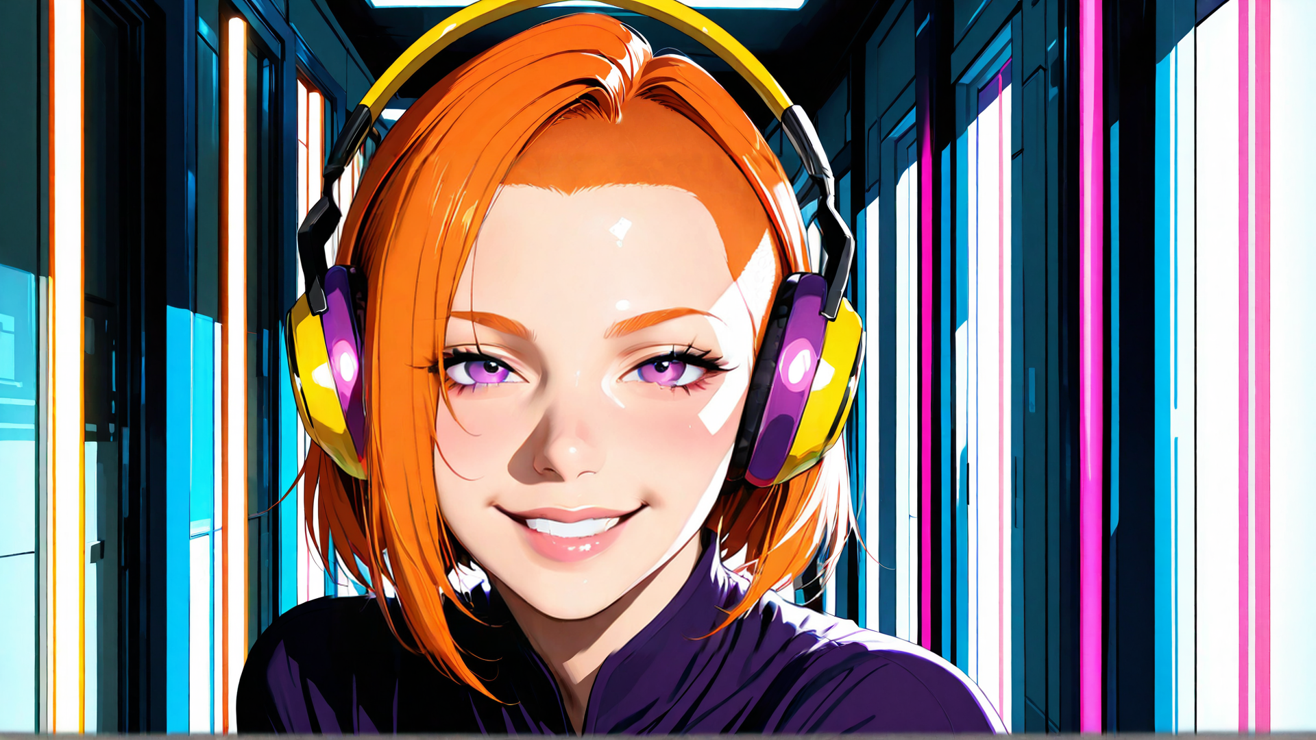 AI generated wallpaper featuring woman, headphones, neon, corridor
