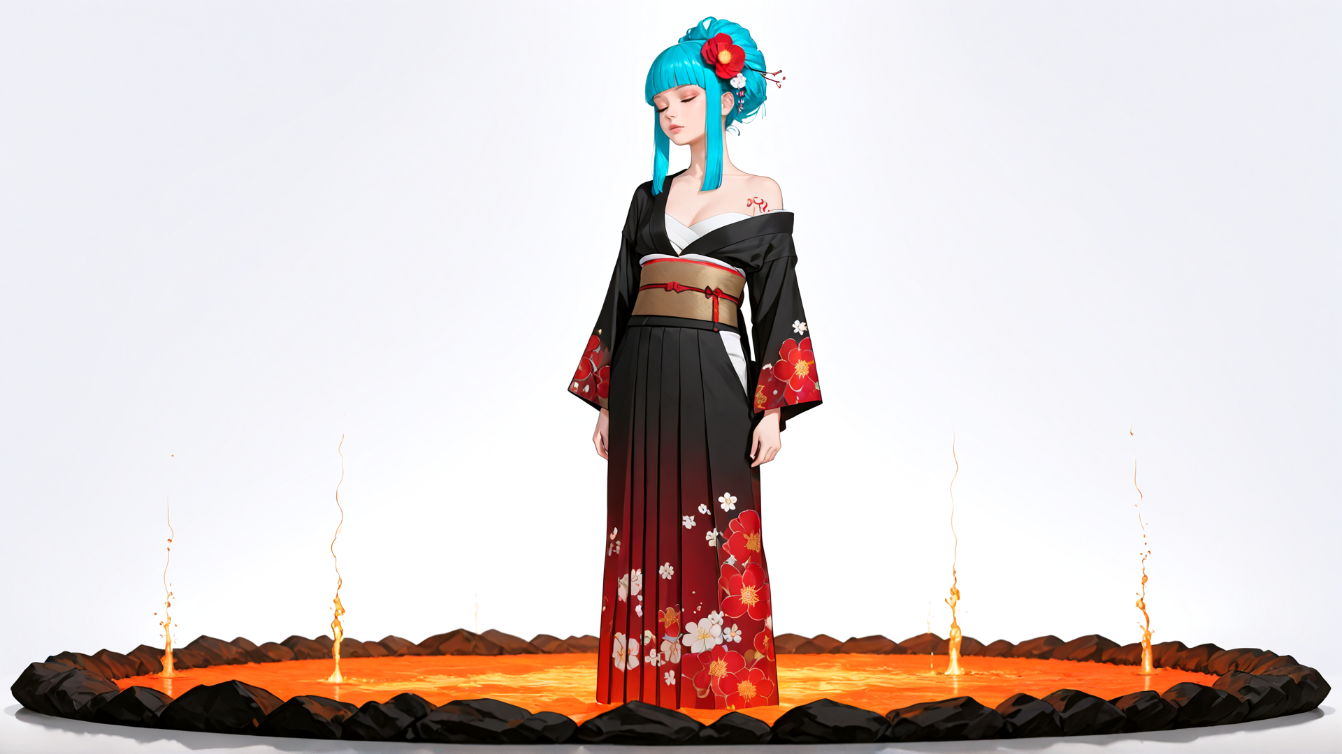 AI generated wallpaper featuring woman, geisha, kimono, flower, hair, stone, lava