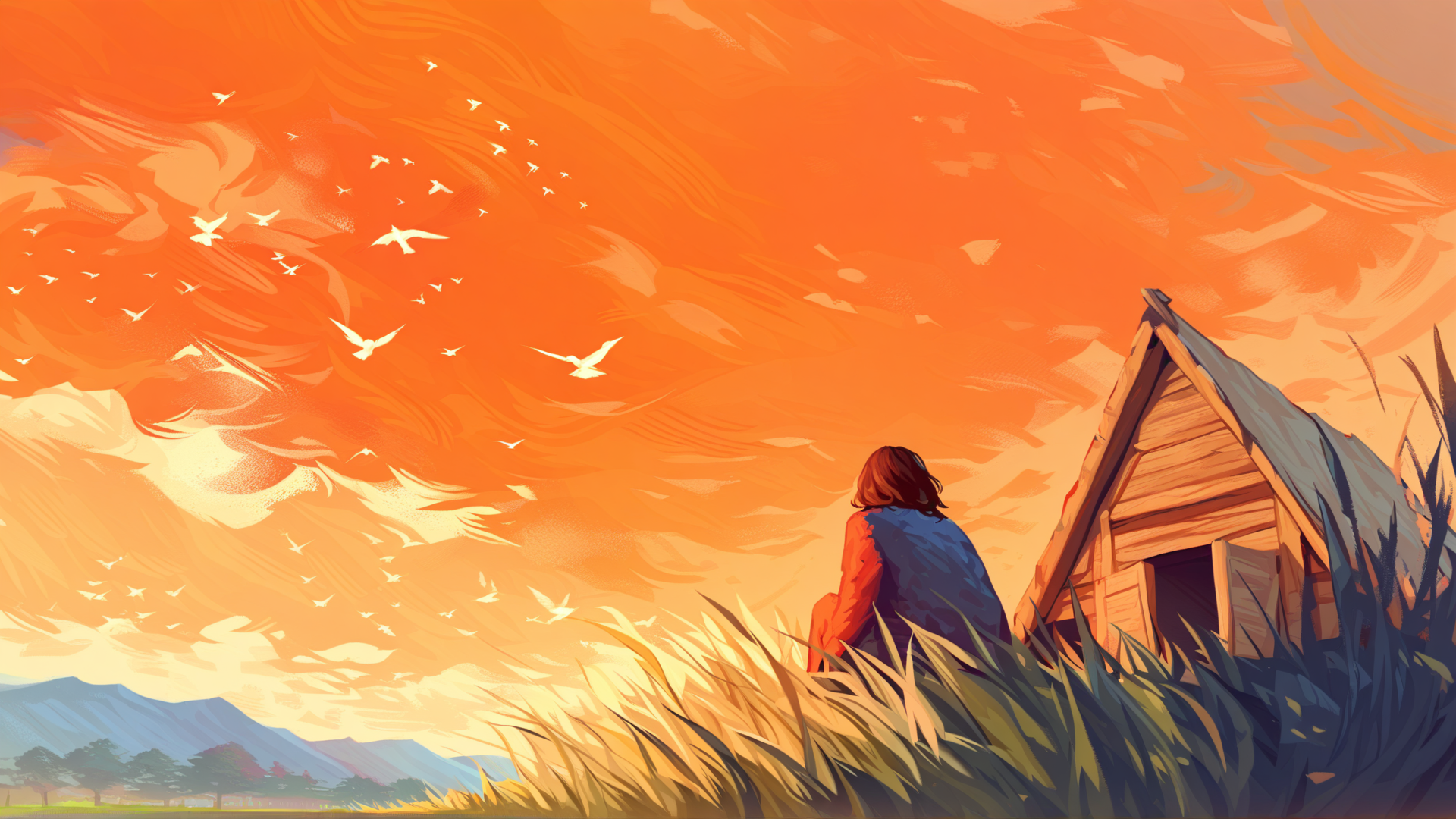 AI generated wallpaper featuring person, house, birds
