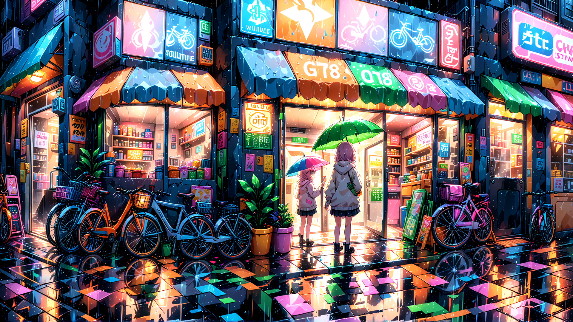 AI generated wallpaper featuring girls, store, bicycles