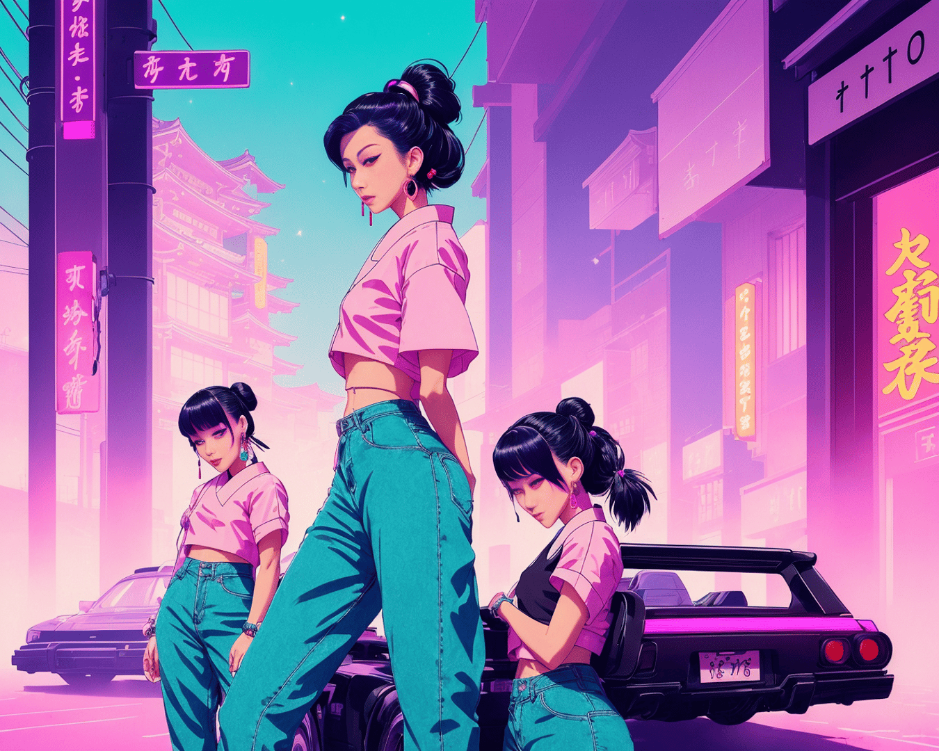 AI generated wallpaper featuring women, street, cars