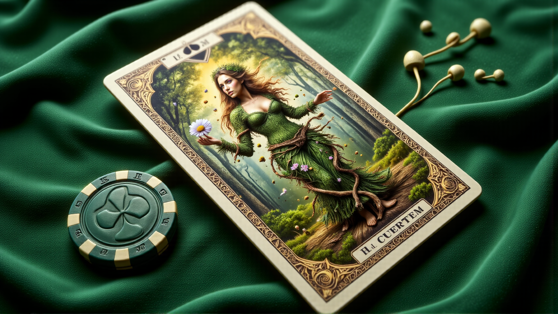AI generated wallpaper featuring tarot card, nature spirit, chips