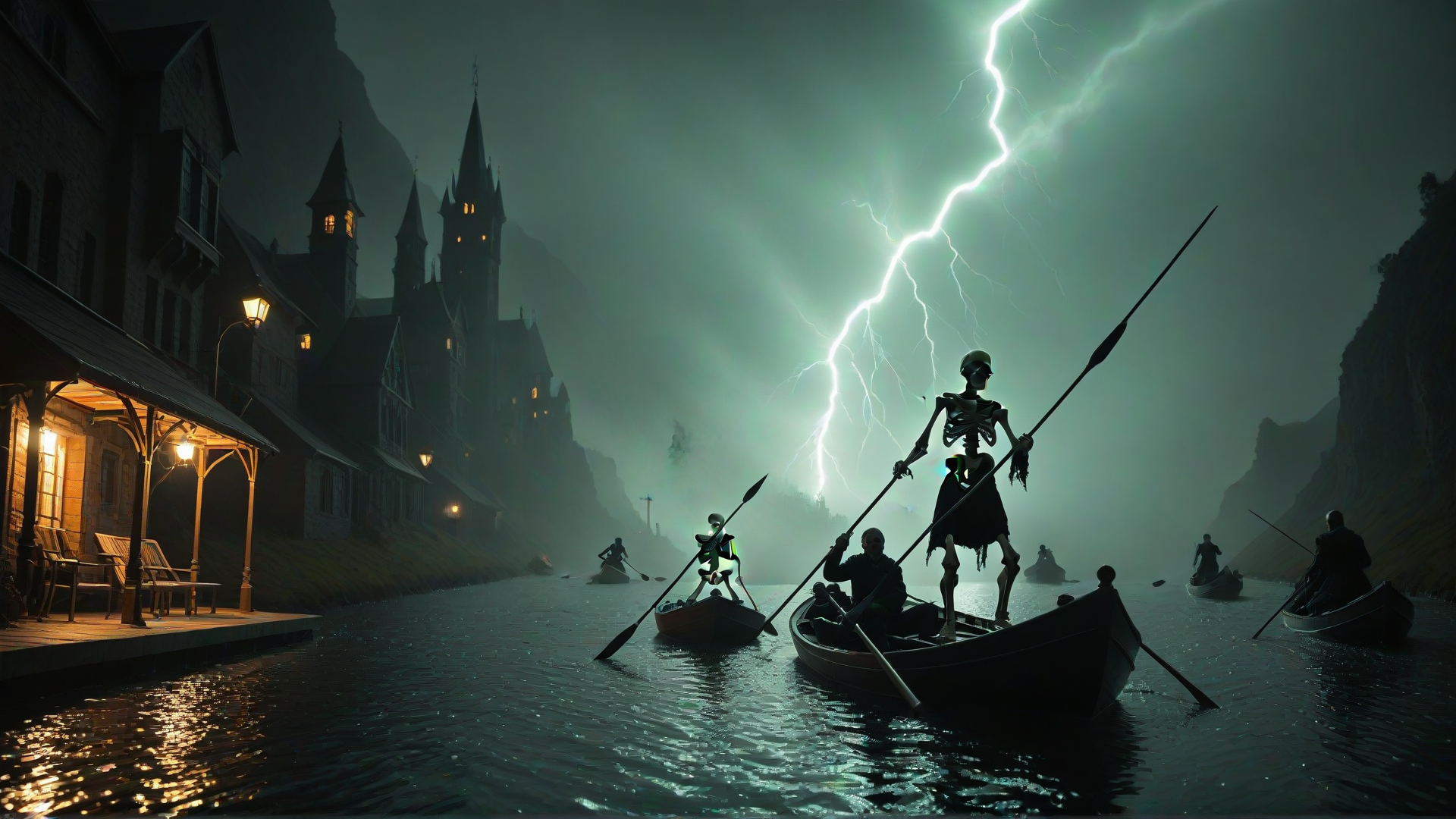 AI generated wallpaper featuring skeleton, boat, storm