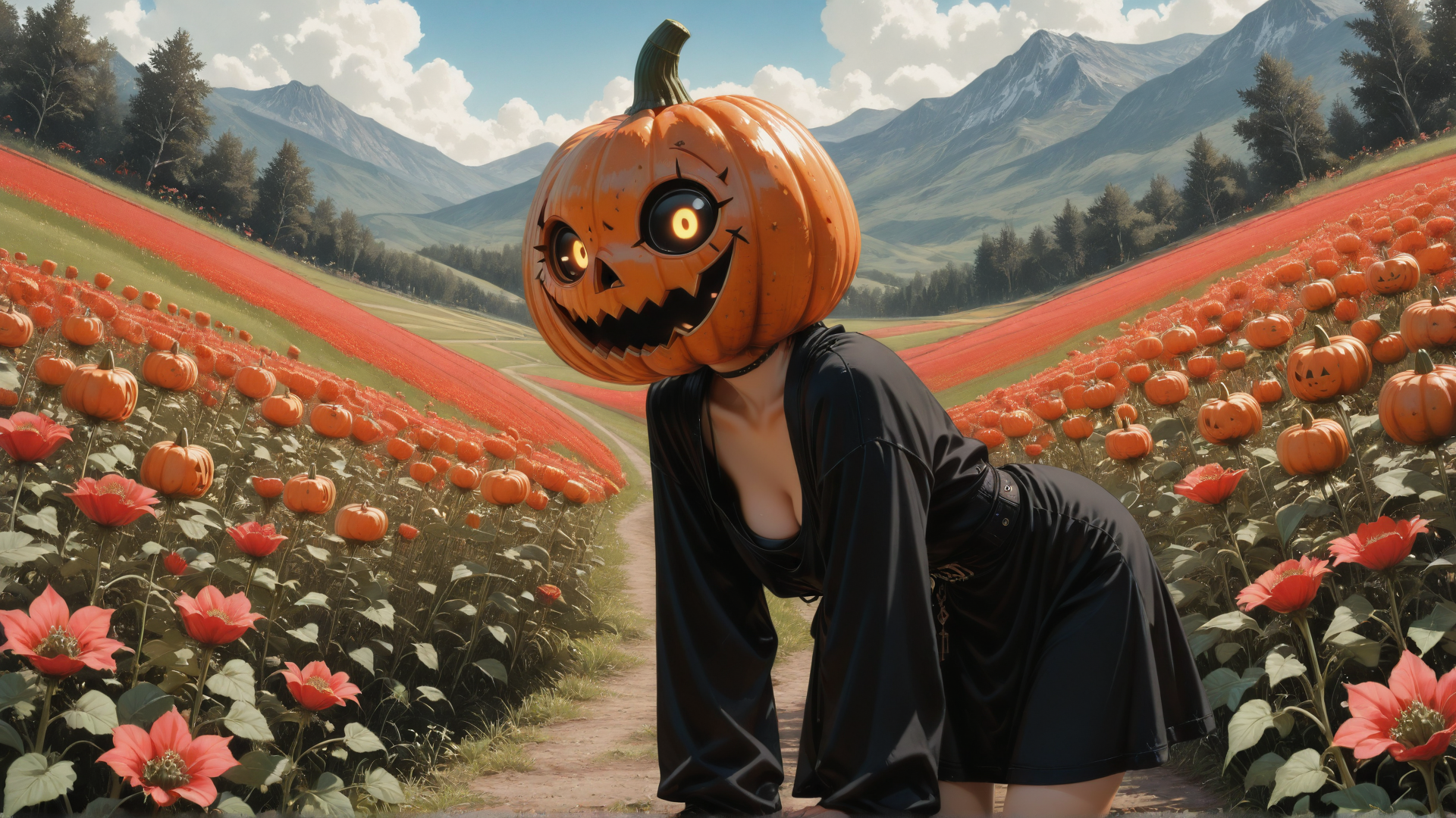 AI generated wallpaper featuring pumpkin, woman, field, flowers, mountains, path