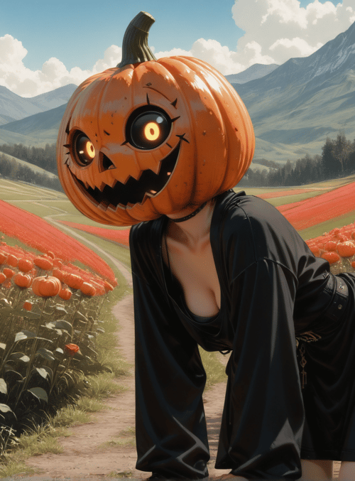 pumpkin, woman, field, flowers, mountains, path