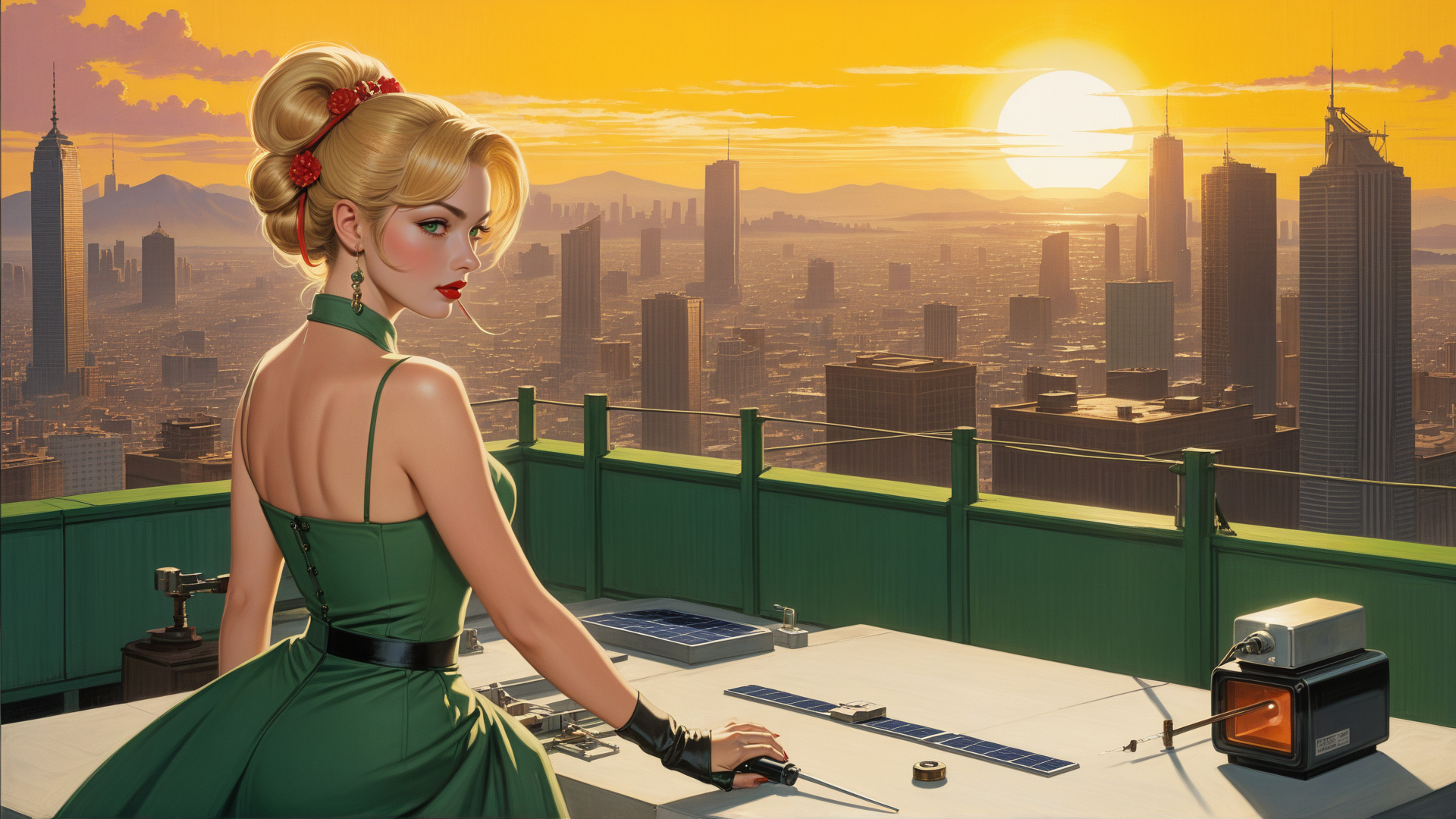 AI generated wallpaper featuring woman, cityscape, rooftop