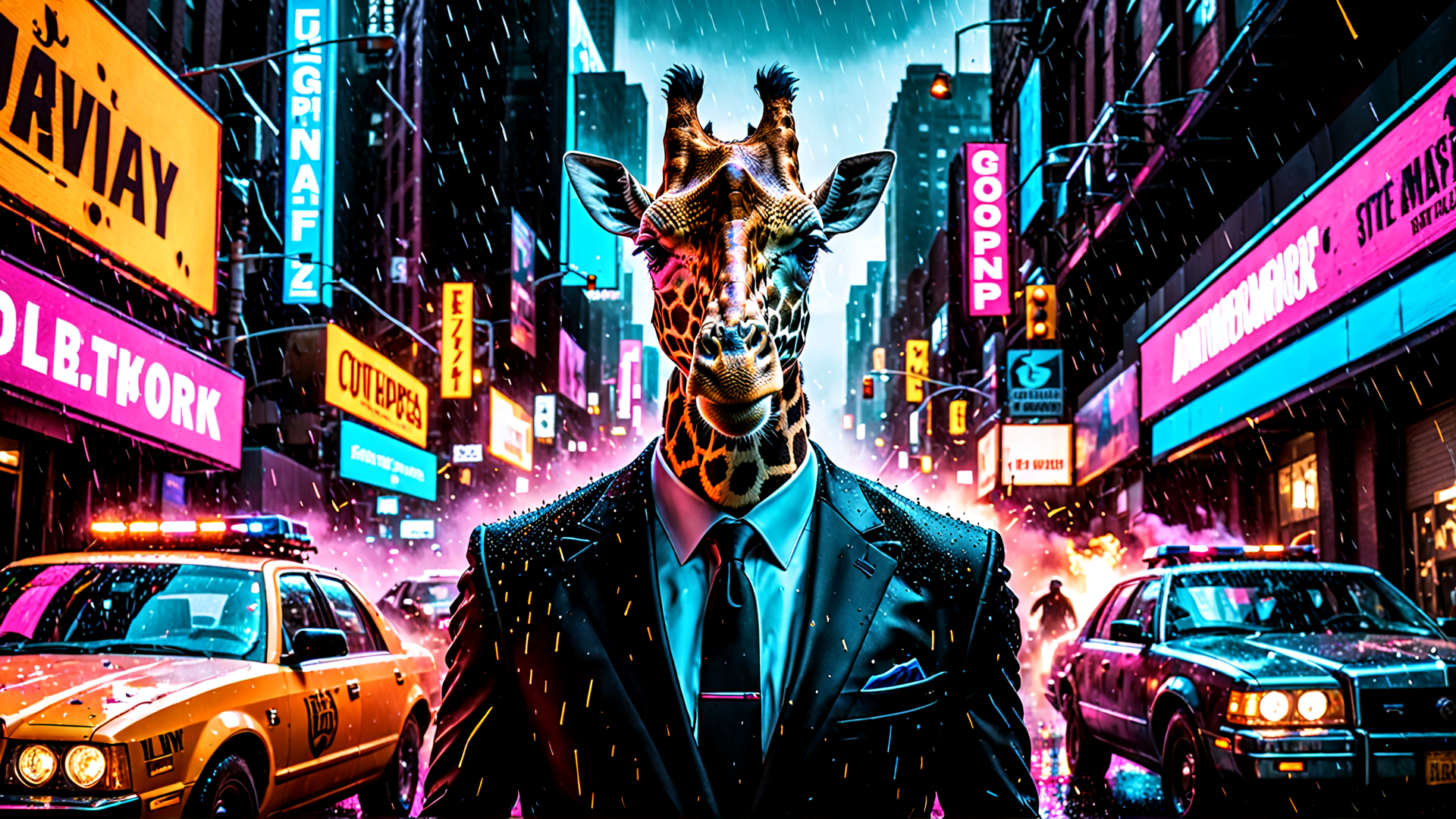 AI generated wallpaper featuring giraffe, city, taxi, signs, rain