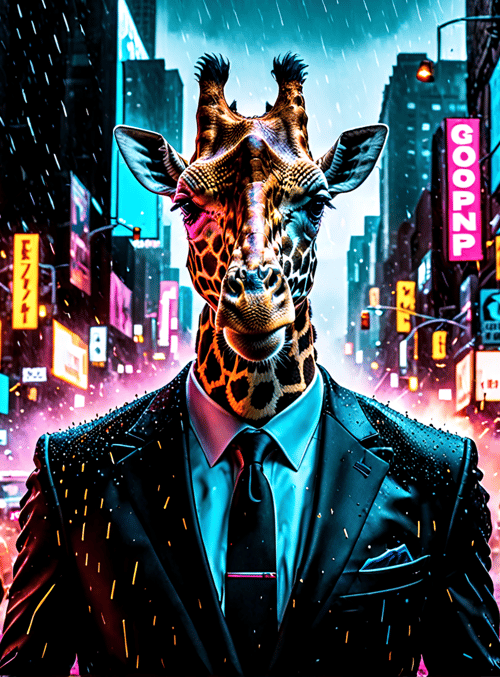 giraffe, city, taxi, signs, rain