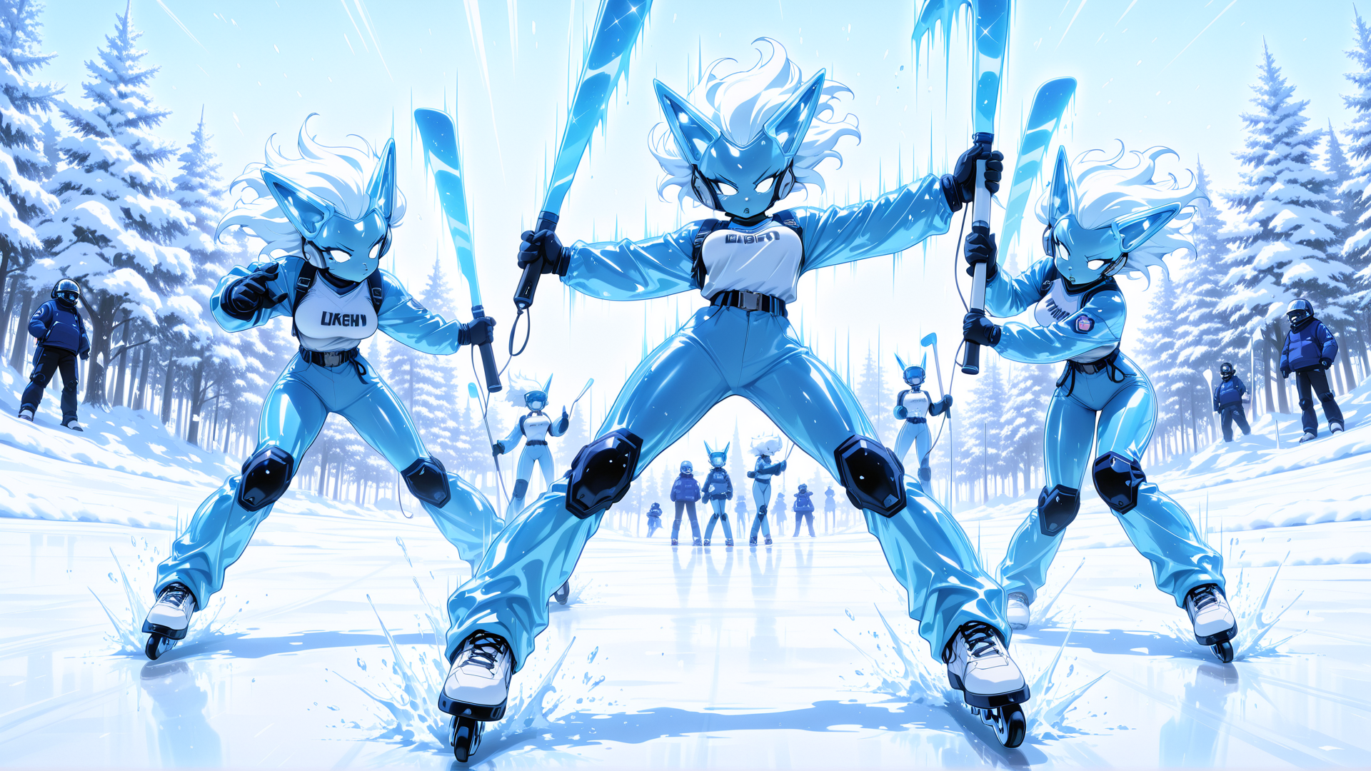 AI generated wallpaper featuring cat-like characters, skiers, sled, snow, trees, people, skis, winter, frozen, uniform