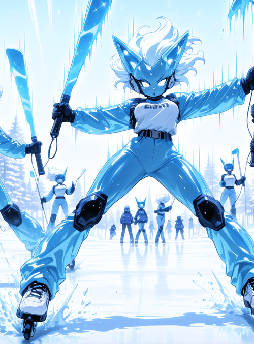 cat-like characters, skiers, sled, snow, trees, people, skis, winter, frozen, uniform