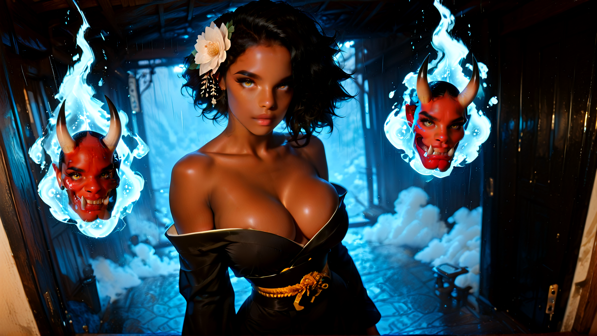 AI generated wallpaper featuring woman, devil heads, flower, dress