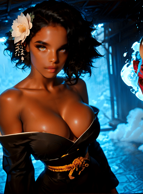 woman, devil heads, flower, dress