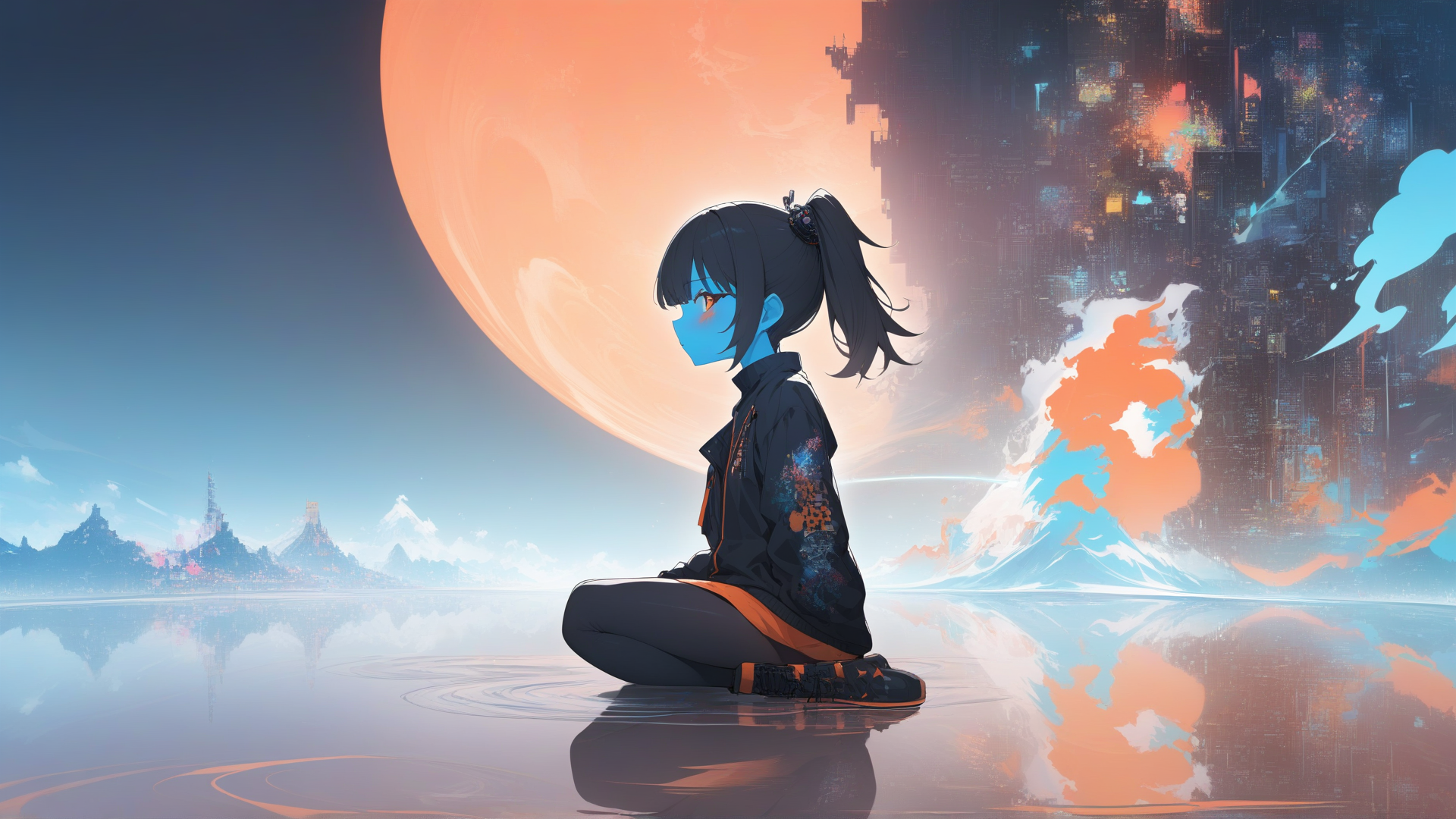 AI generated wallpaper featuring girl, cityscape, sun