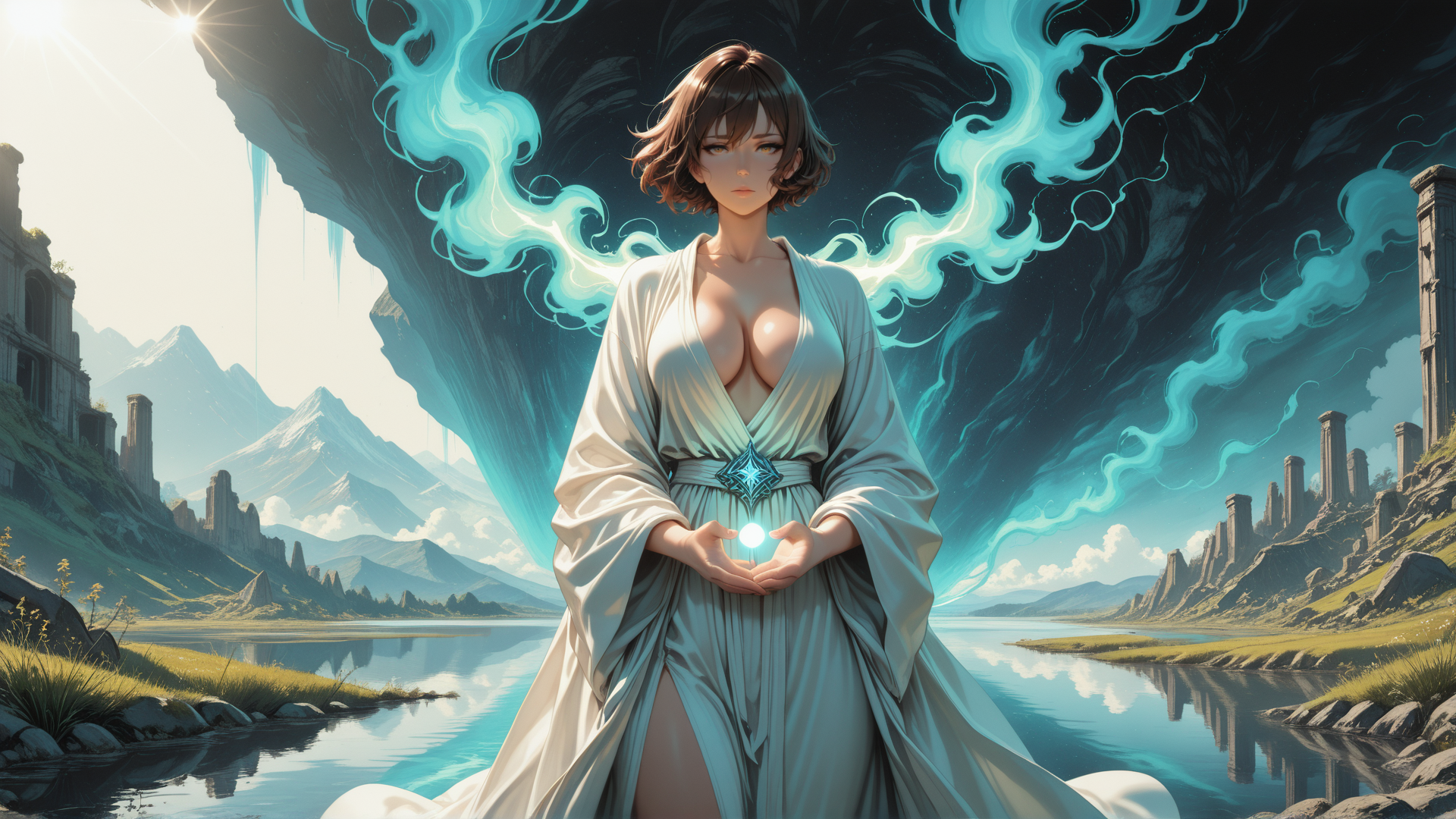 AI generated wallpaper featuring woman, ancient ruins, mountains, river, glowing orb, stone columns, clouds, sun, cave, magic