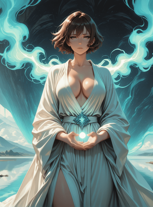 woman, ancient ruins, mountains, river, glowing orb, stone columns, clouds, sun, cave, magic